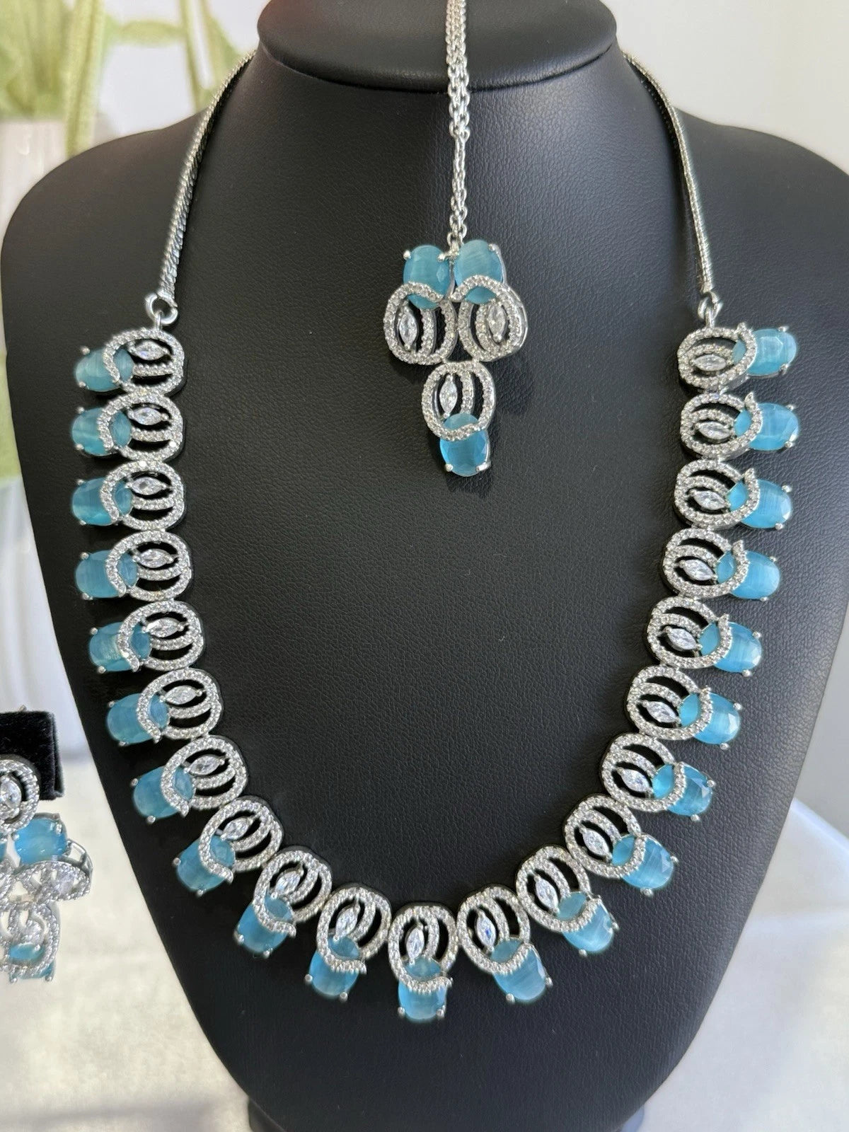 Aqua Blue CZ Necklace Earrings Tikka Set Silver Tone Pakistani Jewelry