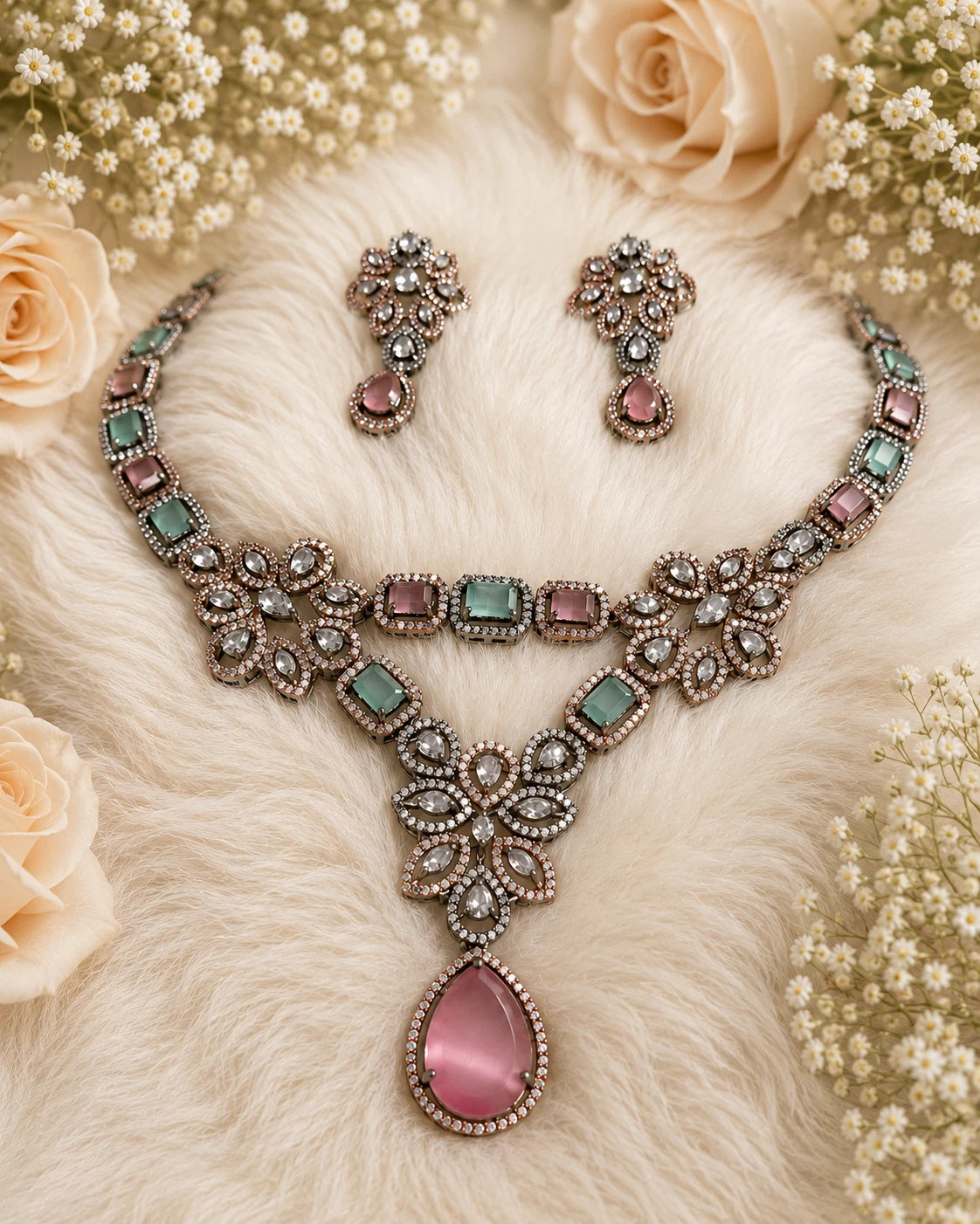 Vintage Inspired Pink- Green Crystal Jewelry Set – Statement Necklace & Earrings