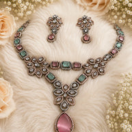 Vintage Inspired Pink- Green Crystal Jewelry Set – Statement Necklace & Earrings