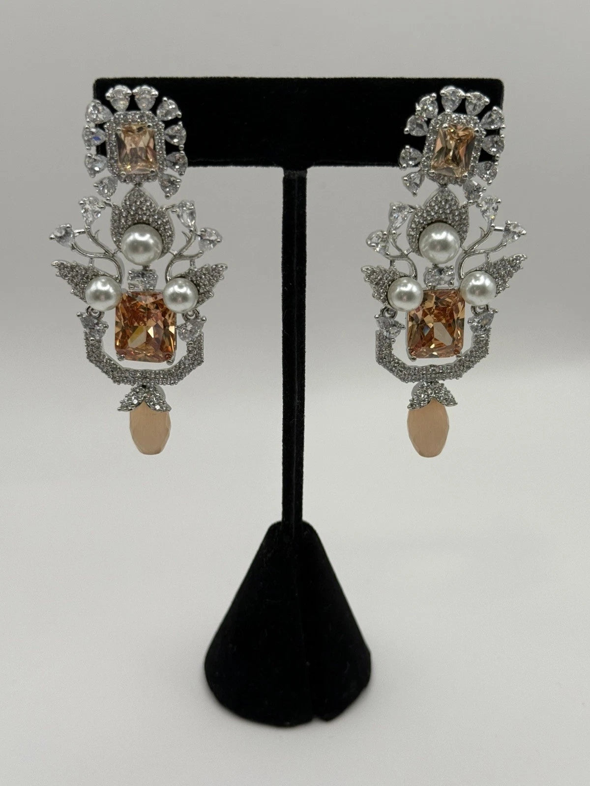 Champagne Crystal Pearl Statement Earrings – Luxury Bridal Drop Earrings