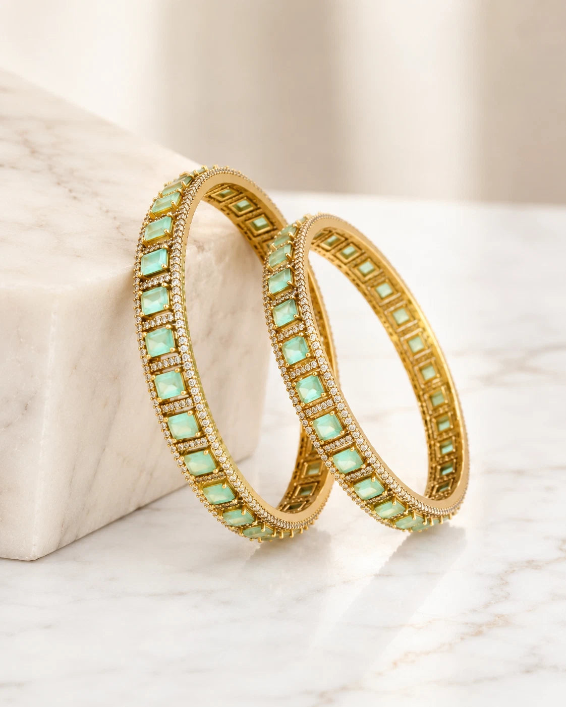 Mint Green CZ Gold Tone Bangle Bracelet Set of 2 Indian Pakistani Jewelry 2.10