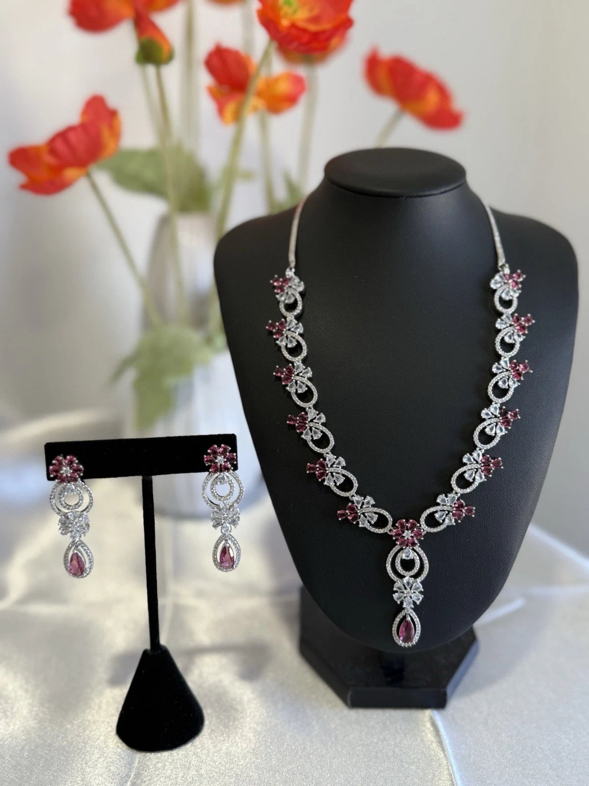 Pink Crystal CZ Necklace & Earrings Set Silver Tone Wedding Jewelry