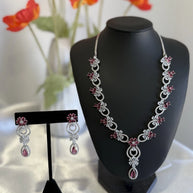 Pink Crystal CZ Necklace & Earrings Set Silver Tone Wedding Jewelry
