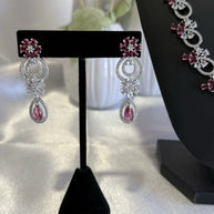 Pink Crystal CZ Necklace & Earrings Set Silver Tone Wedding Jewelry