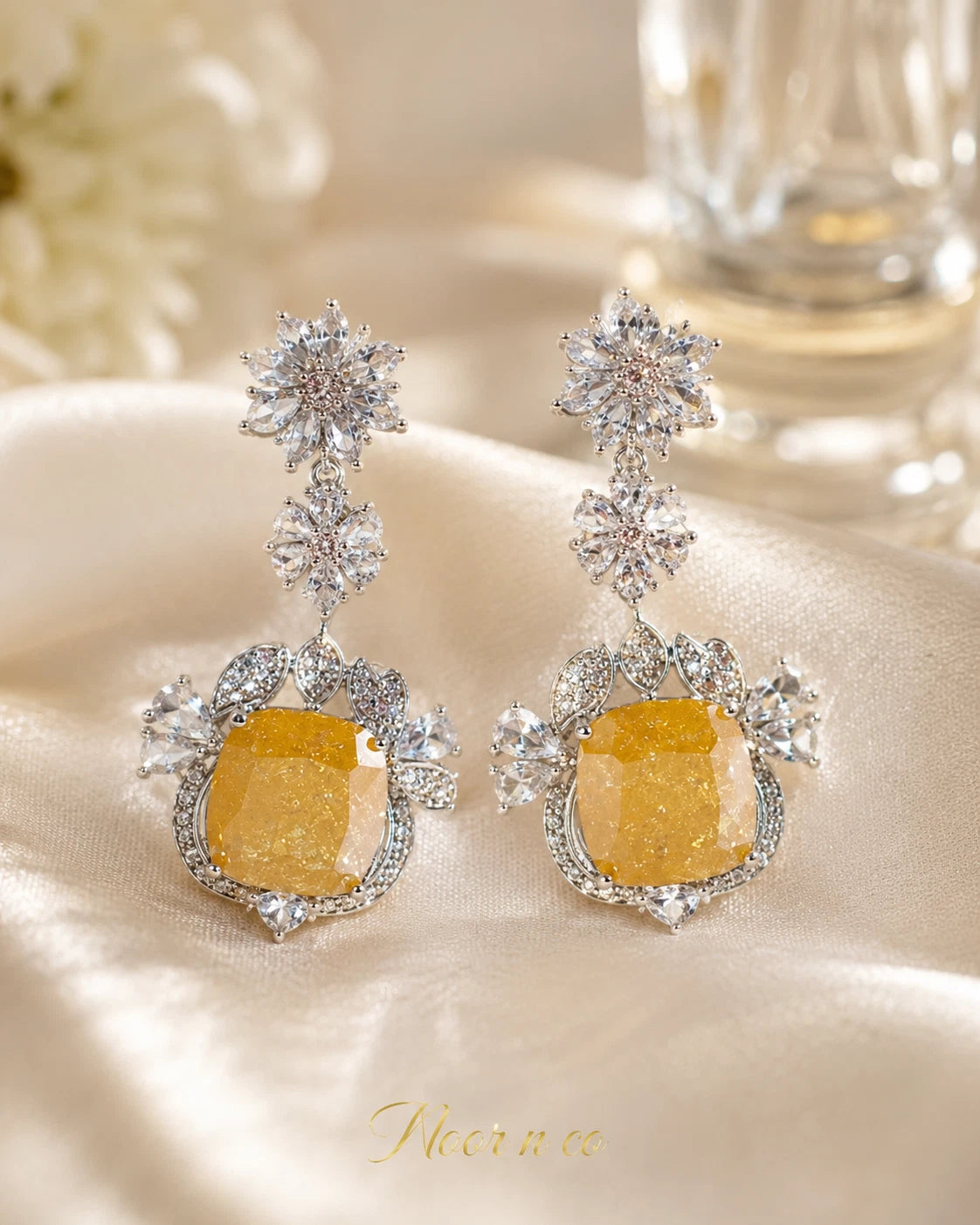 Yellow Stone CZ Silver Tone Drop Earrings Pakistani Indian Statement Jewelry