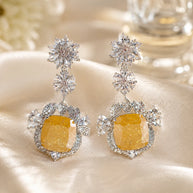 Yellow Stone CZ Silver Tone Drop Earrings Pakistani Indian Statement Jewelry