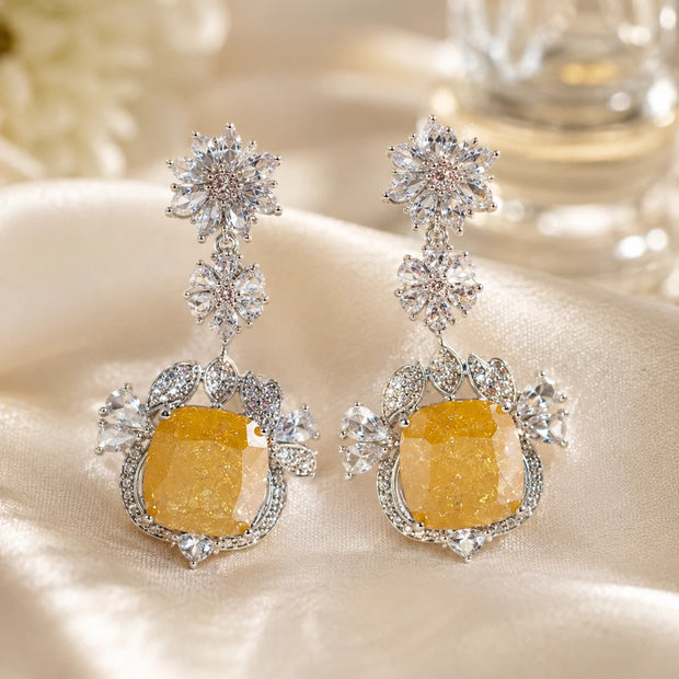 Yellow Stone CZ Silver Tone Drop Earrings Pakistani Indian Statement Jewelry