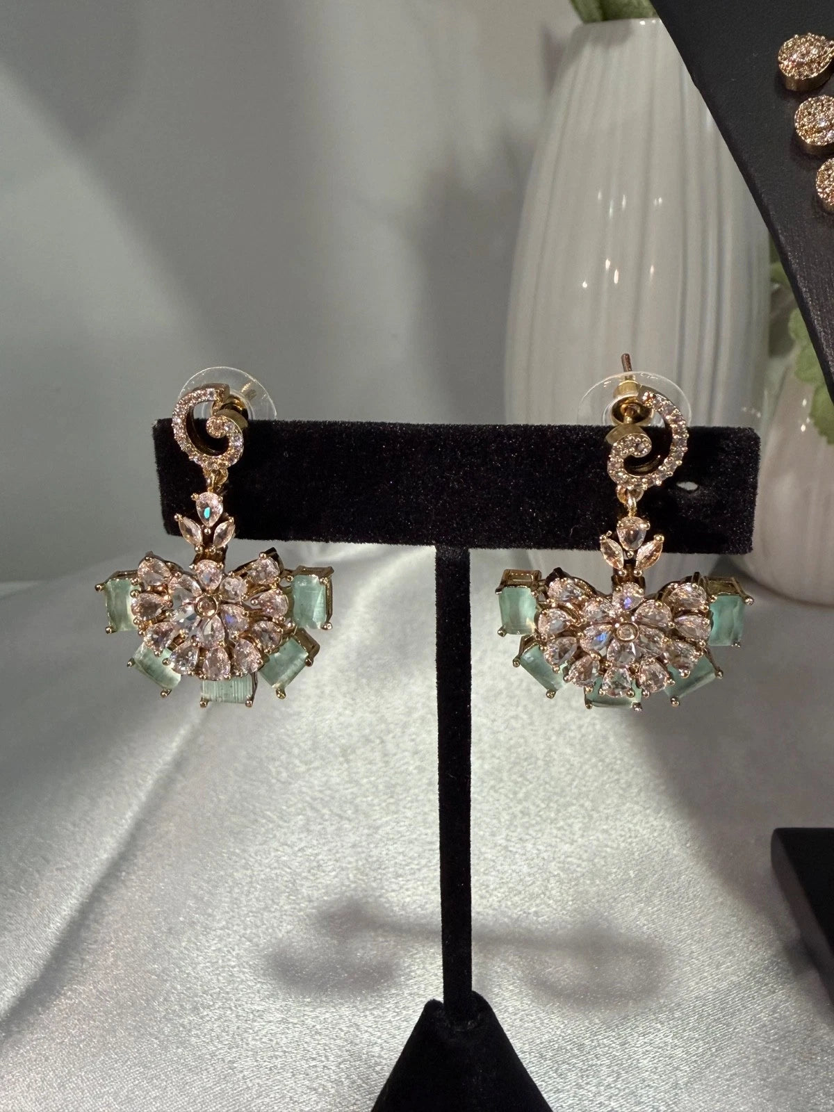 Gold Tone Mint Green CZ Necklace Earrings Set Indian Pakistani Bridal Jewelry
