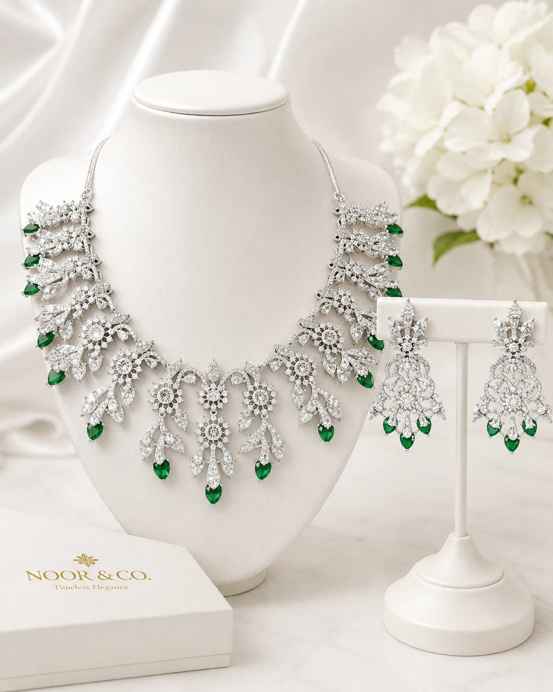 Emerald Green CZ Crystal Silver Necklace Earrings Set Indian Bridal Jewelry