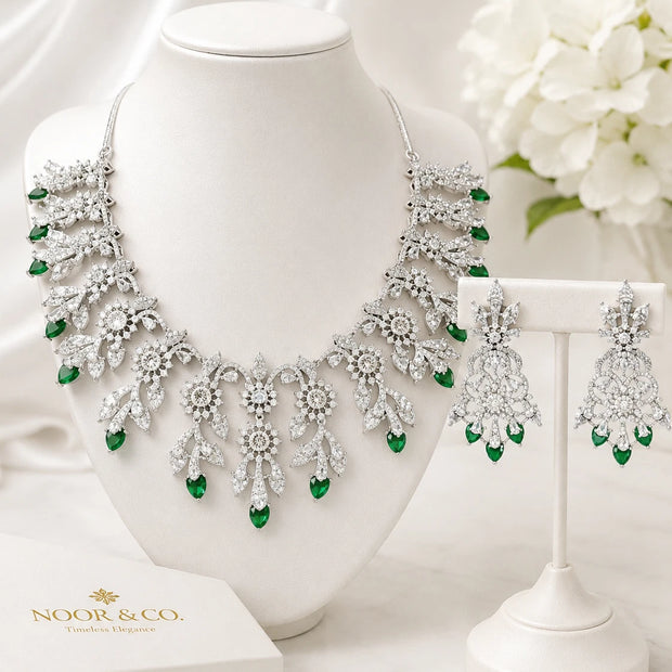 Emerald Green CZ Crystal Silver Necklace Earrings Set Indian Bridal Jewelry