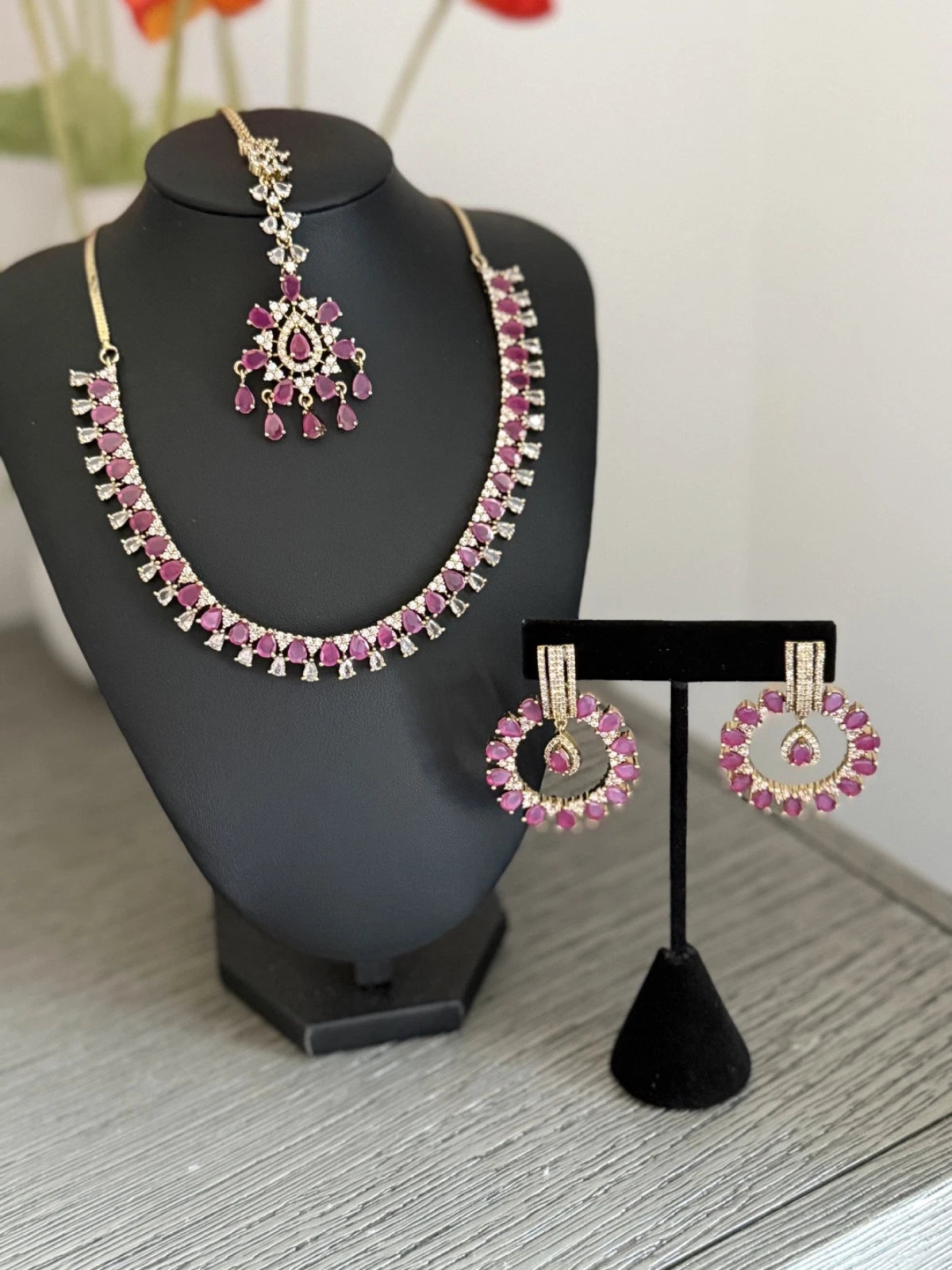 Pink CZ Gold Tone Necklace Earrings Tikka Set Indian Pakistani Bridal Jewelry