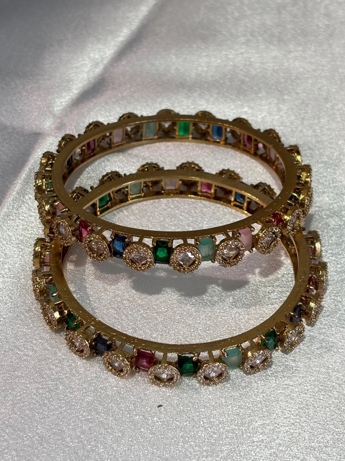 Multicolor CZ Gold Tone Bangle Set Size 2.10 Pakistani Indian Bridal Party Jewel