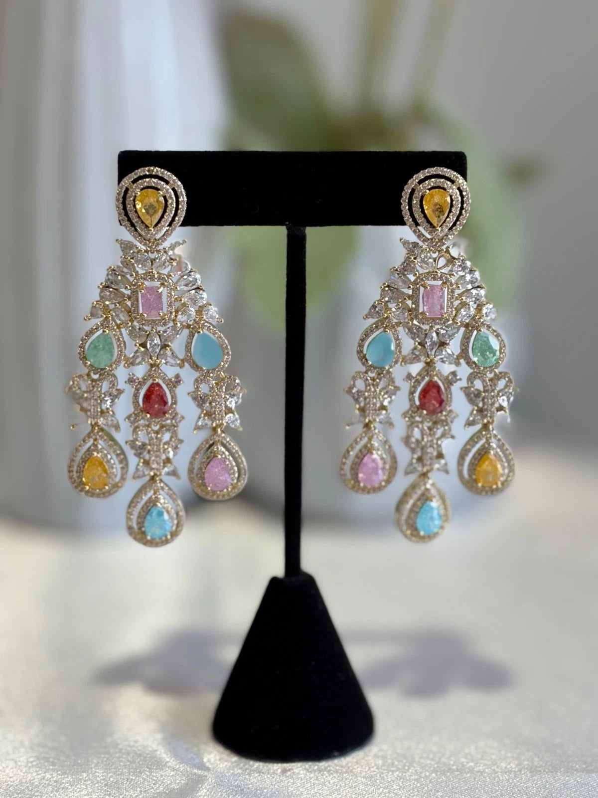Multicolor CZ Gold Tone Chandelier Earrings Pakistani Indian Bridal Jewelry