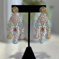 Multicolor CZ Gold Tone Chandelier Earrings Pakistani Indian Bridal Jewelry