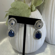 Sapphire Blue CZ Teardrop Earrings Silver Tone Party Jewelry
