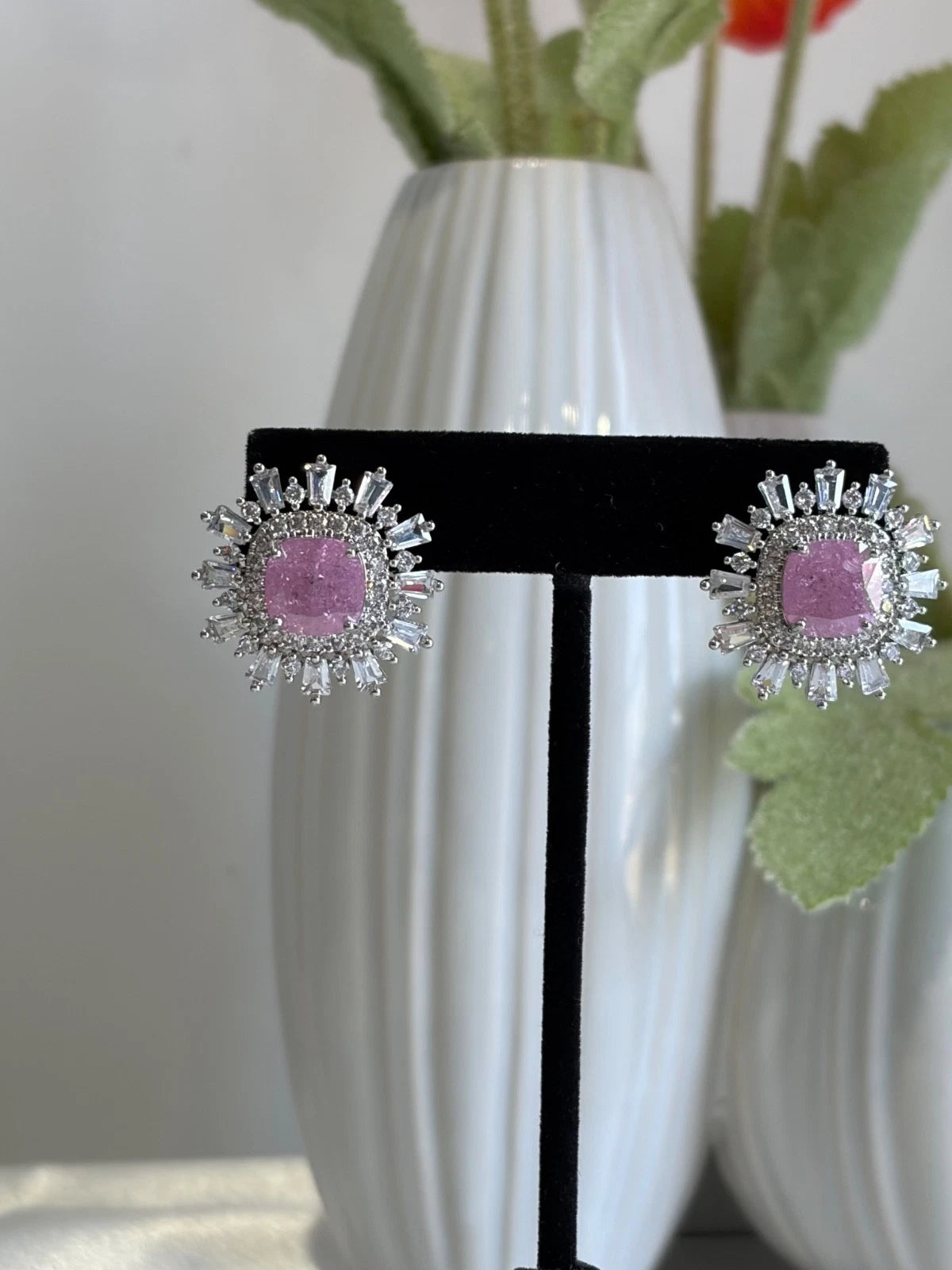 Pink Stone CZ Silver Tone Halo Stud Earrings Pakistani Indian Jewelry