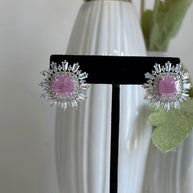 Pink Stone CZ Silver Tone Halo Stud Earrings Pakistani Indian Jewelry
