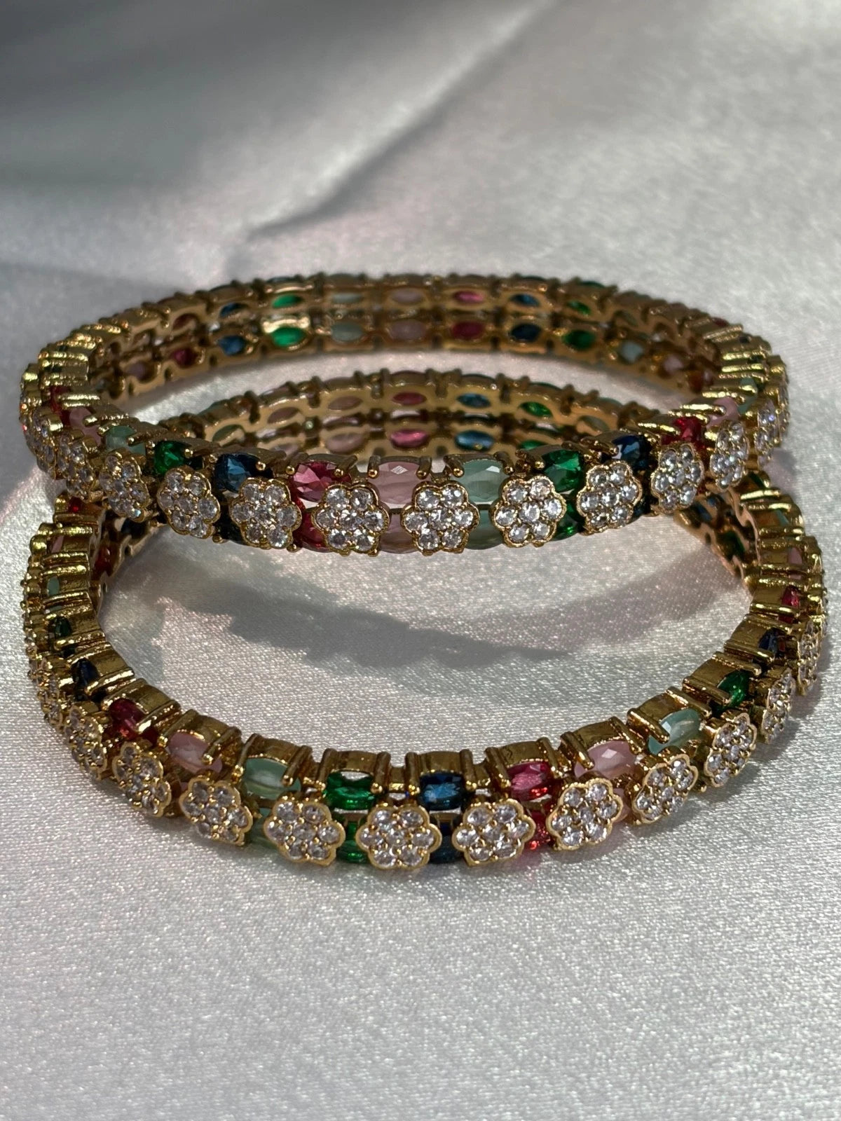 Multicolor CZ Flower Gold Tone Bangle Set Size 2.10 Indian Pakistani Jewelry