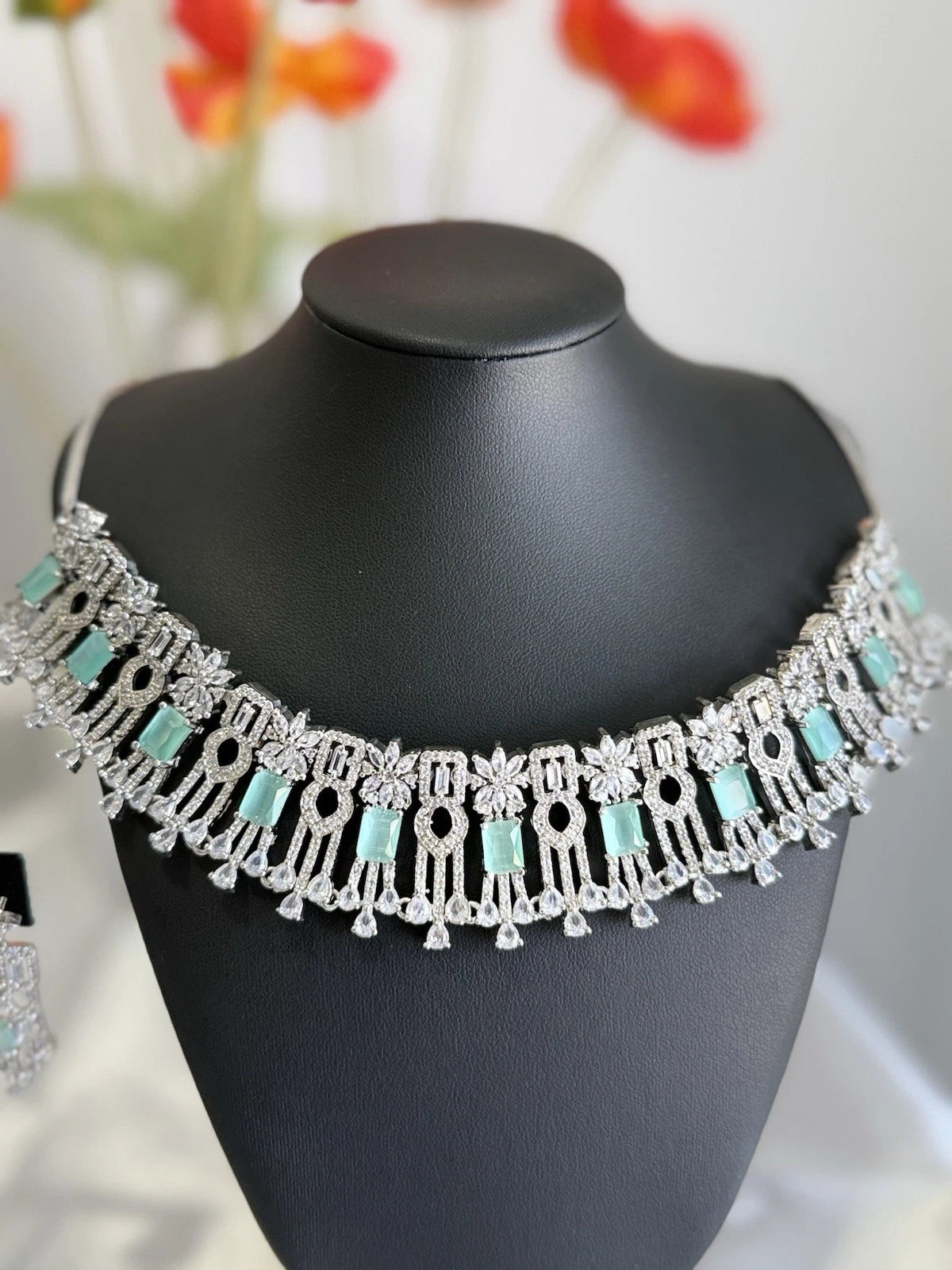 Mint Green CZ Choker Necklace Earrings Set Silver Tone Pakistani Jewelry