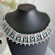 Mint Green CZ Choker Necklace Earrings Set Silver Tone Pakistani Jewelry