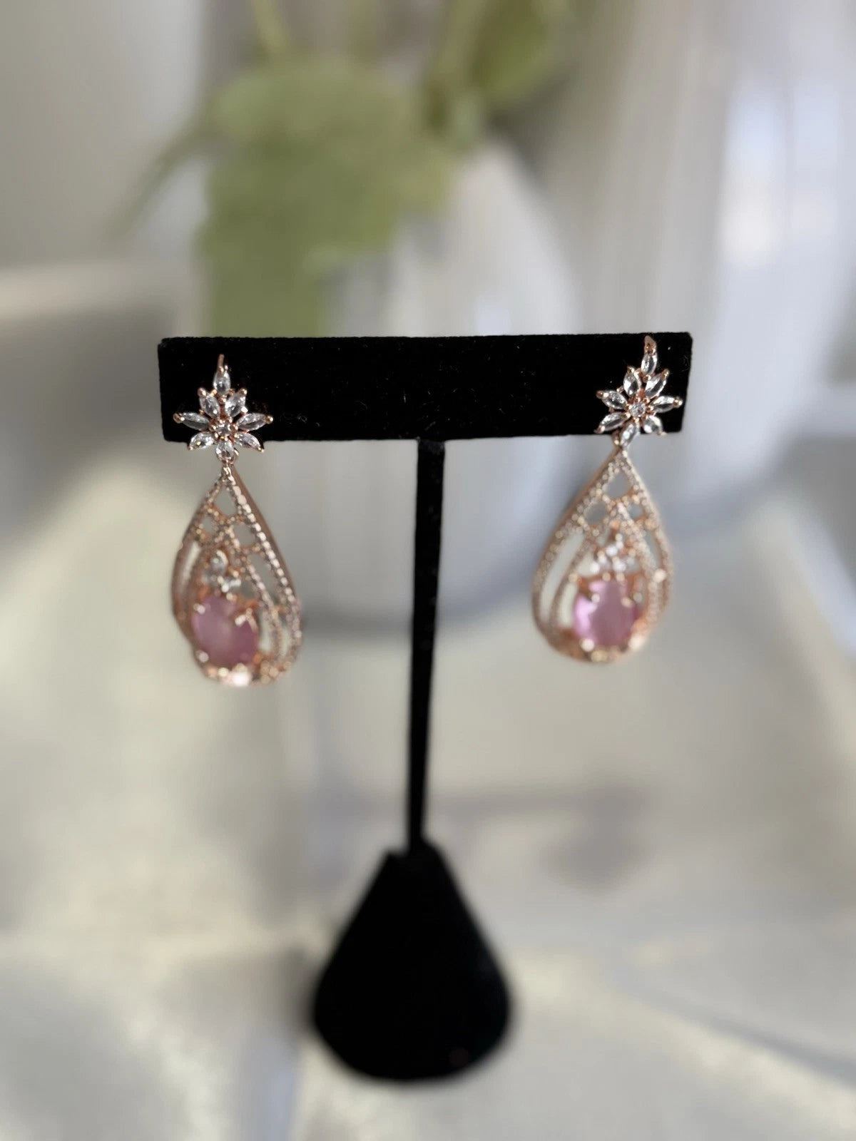 Baby Pink CZ Teardrop Earrings Rose Gold Tone Party Jewelry