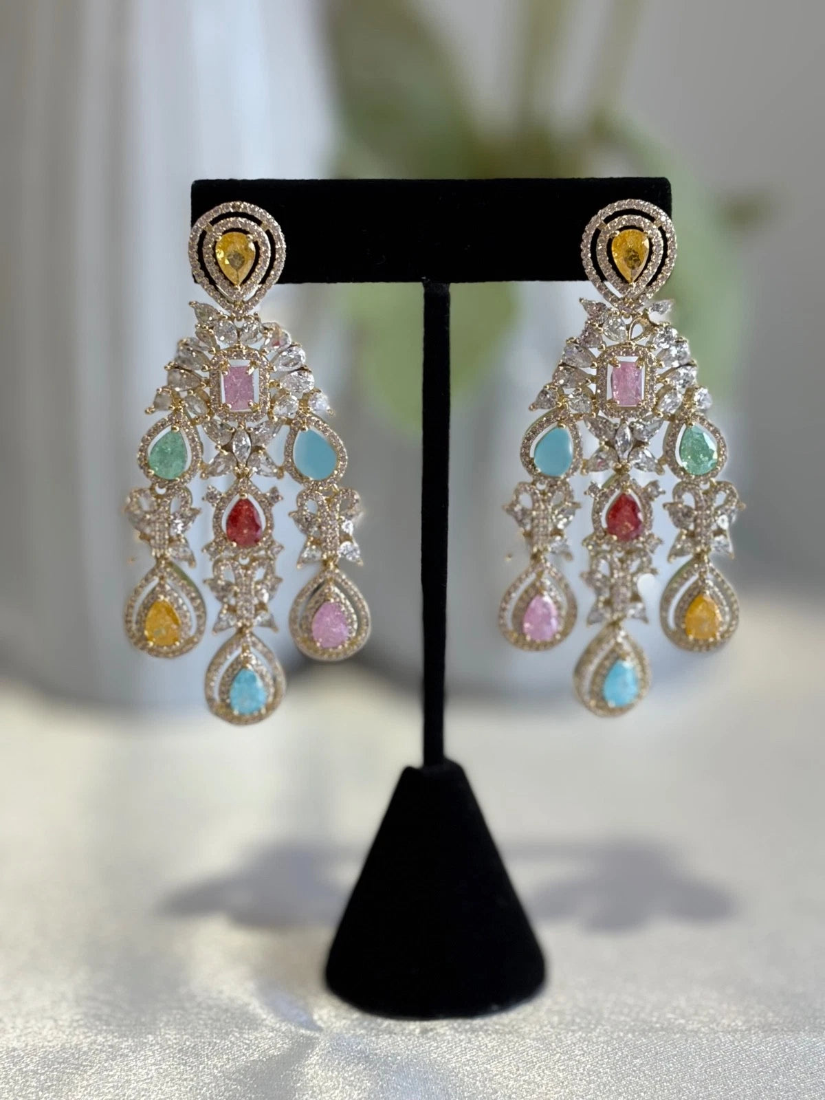 Multicolor CZ Gold Tone Chandelier Earrings Pakistani Indian Bridal Jewelry