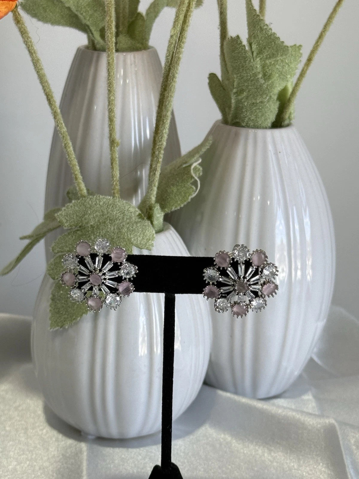 Blush Pink CZ Floral Stud Earrings Silver Tone Party Jewelry