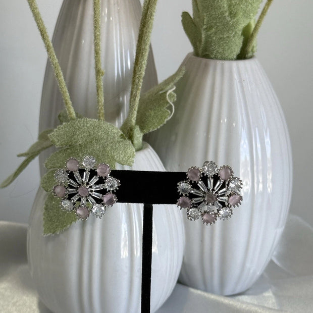 Blush Pink CZ Floral Stud Earrings Silver Tone Party Jewelry