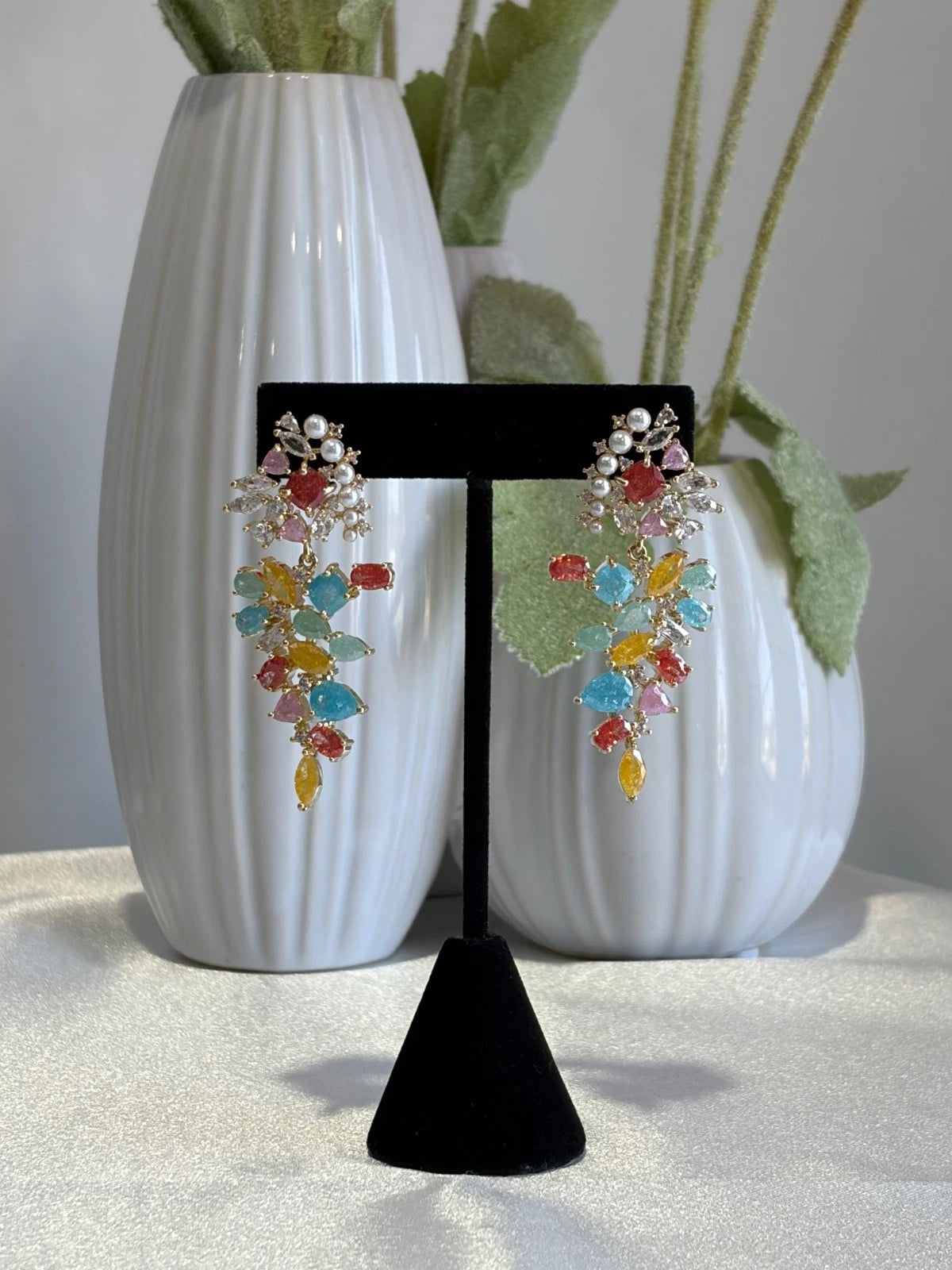 Multicolor Pearl CZ Gold Tone Drop Earrings Pakistani Indian Statement Jewelry