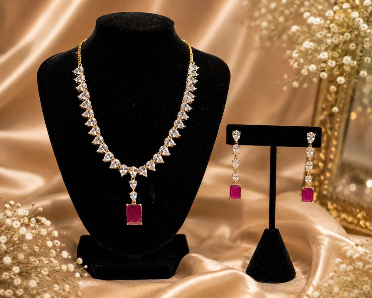 Ruby Red CZ Necklace Set with Matching Drop Earrings | Elegant Bridal Jewelry |