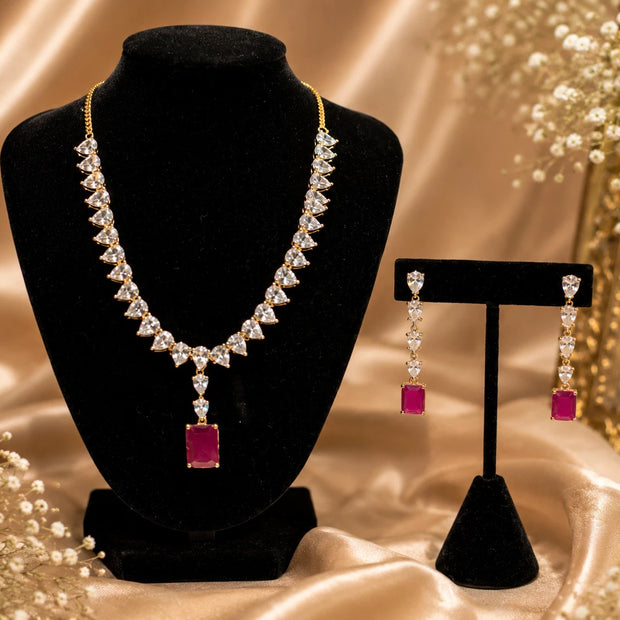 Ruby Red CZ Necklace Set with Matching Drop Earrings | Elegant Bridal Jewelry |