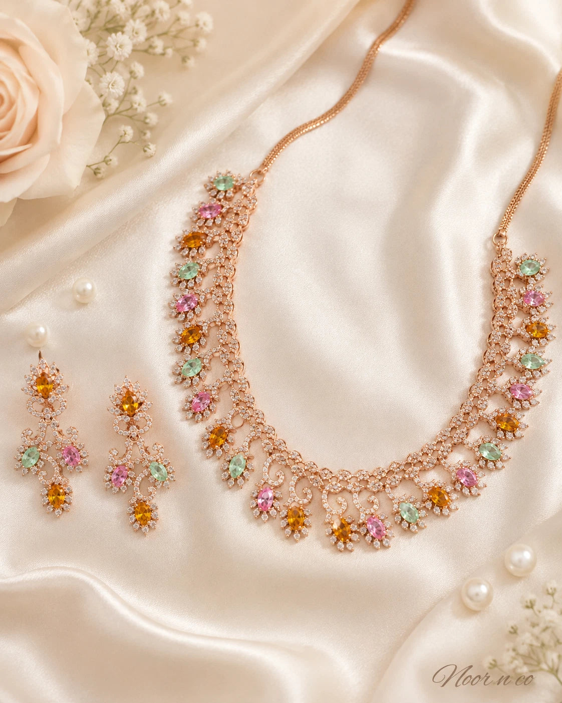 Rose Gold Multicolor CZ Necklace Earrings Set Indian Pakistani Bridal Jewelry
