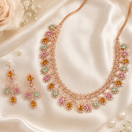 Rose Gold Multicolor CZ Necklace Earrings Set Indian Pakistani Bridal Jewelry