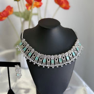 Mint Green CZ Choker Necklace Earrings Set Silver Tone Pakistani Jewelry