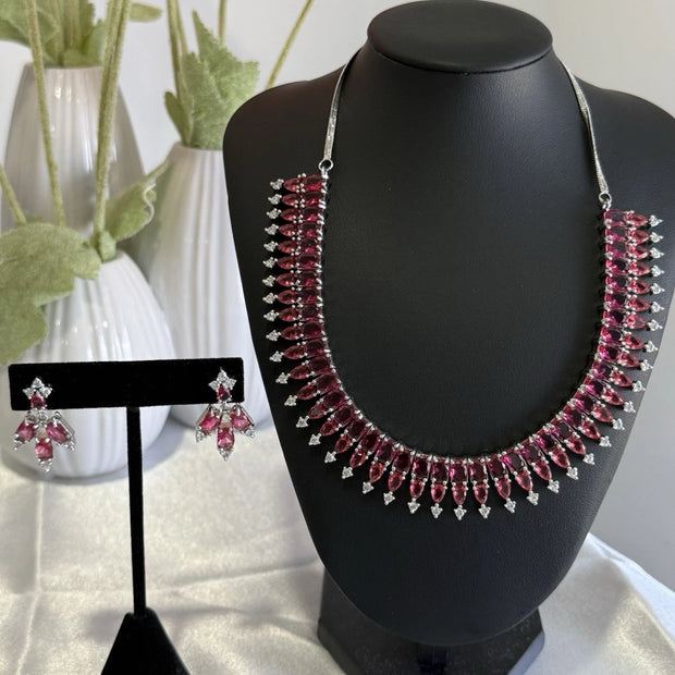 Ruby Pink CZ Necklace & Earrings Set Silver Tone Pakistani Jewelry