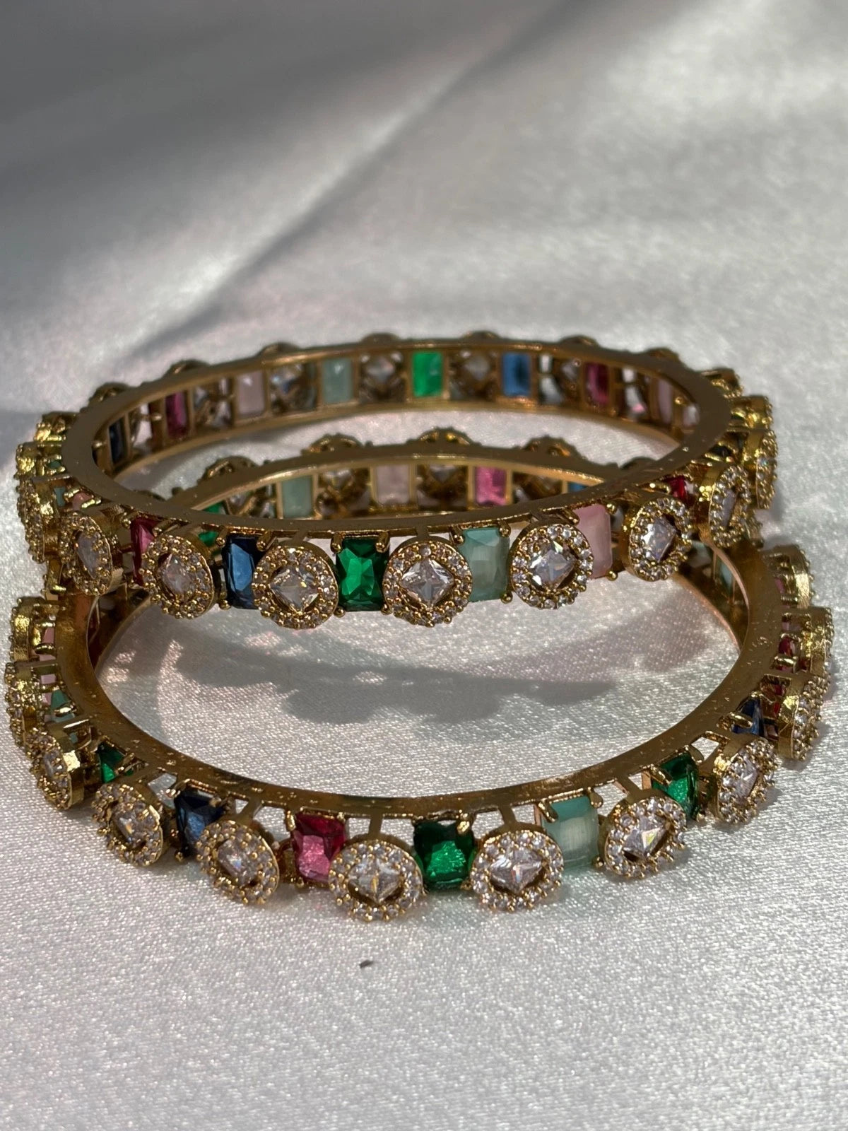 Multicolor CZ Gold Tone Bangle Set Size 2.10 Pakistani Indian Bridal Party Jewel