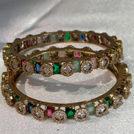 Multicolor CZ Gold Tone Bangle Set Size 2.10 Pakistani Indian Bridal Party Jewel