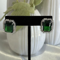 Emerald Green CZ Rectangle Stud Earrings Silver Tone Party Jewelry