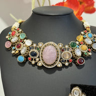 Sabyasachi Inspired Necklace Earrings Set | Pink Stone Multicolor Gem Bridal Jew