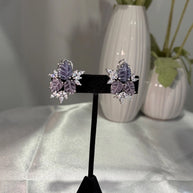 Lavender Pink Leaf CZ Stud Earrings Silver Tone Floral Statement Jewelry