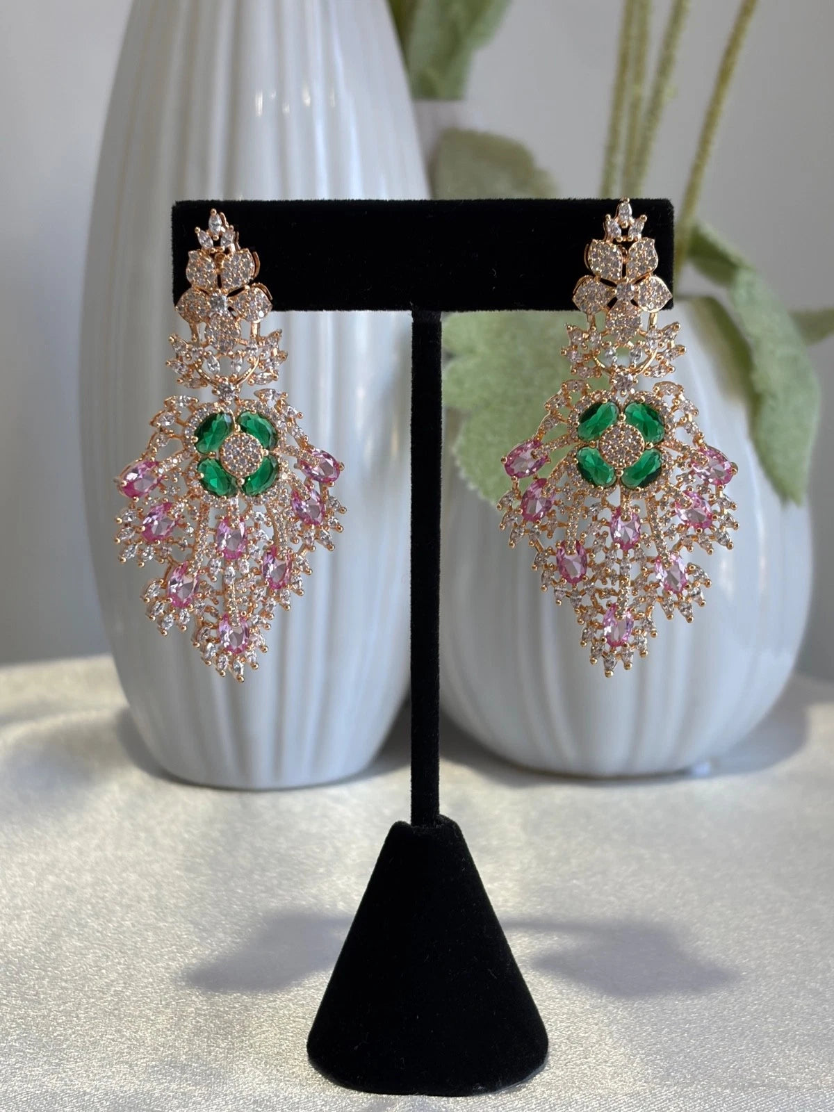 Green Pink CZ Gold Tone Chandelier Earrings Pakistani Indian Bridal Jewelry