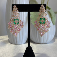 Green Pink CZ Gold Tone Chandelier Earrings Pakistani Indian Bridal Jewelry