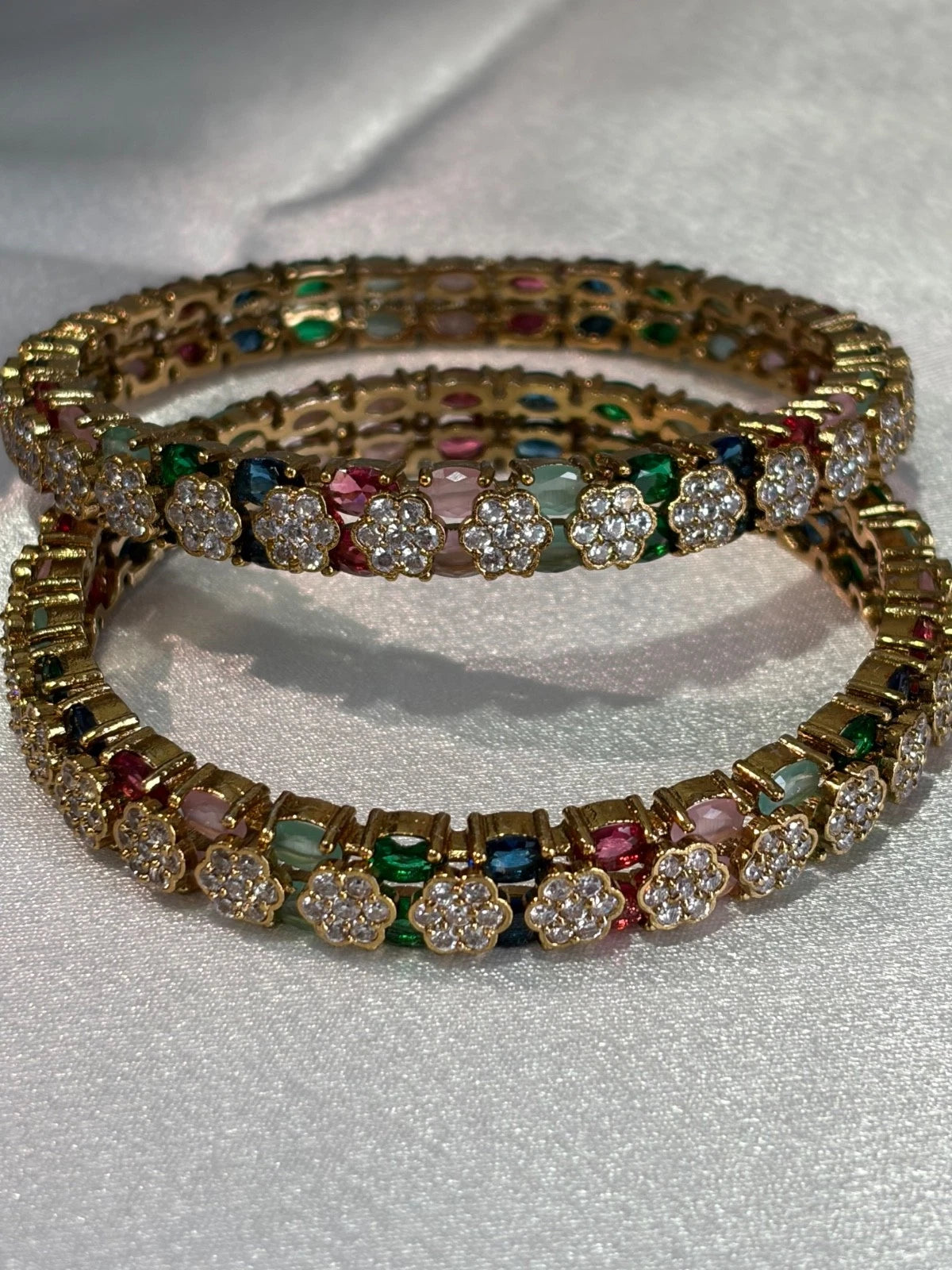 Multicolor CZ Flower Gold Tone Bangle Set Size 2.10 Indian Pakistani Jewelry