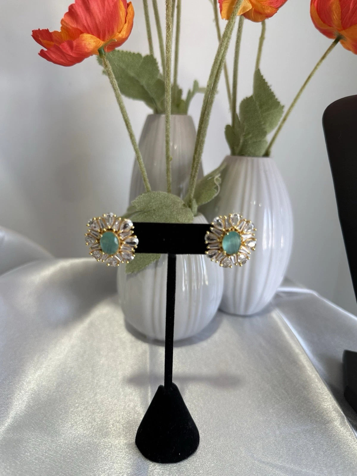 Mint Green CZ Round Stud Earrings Gold Tone Party Jewelry