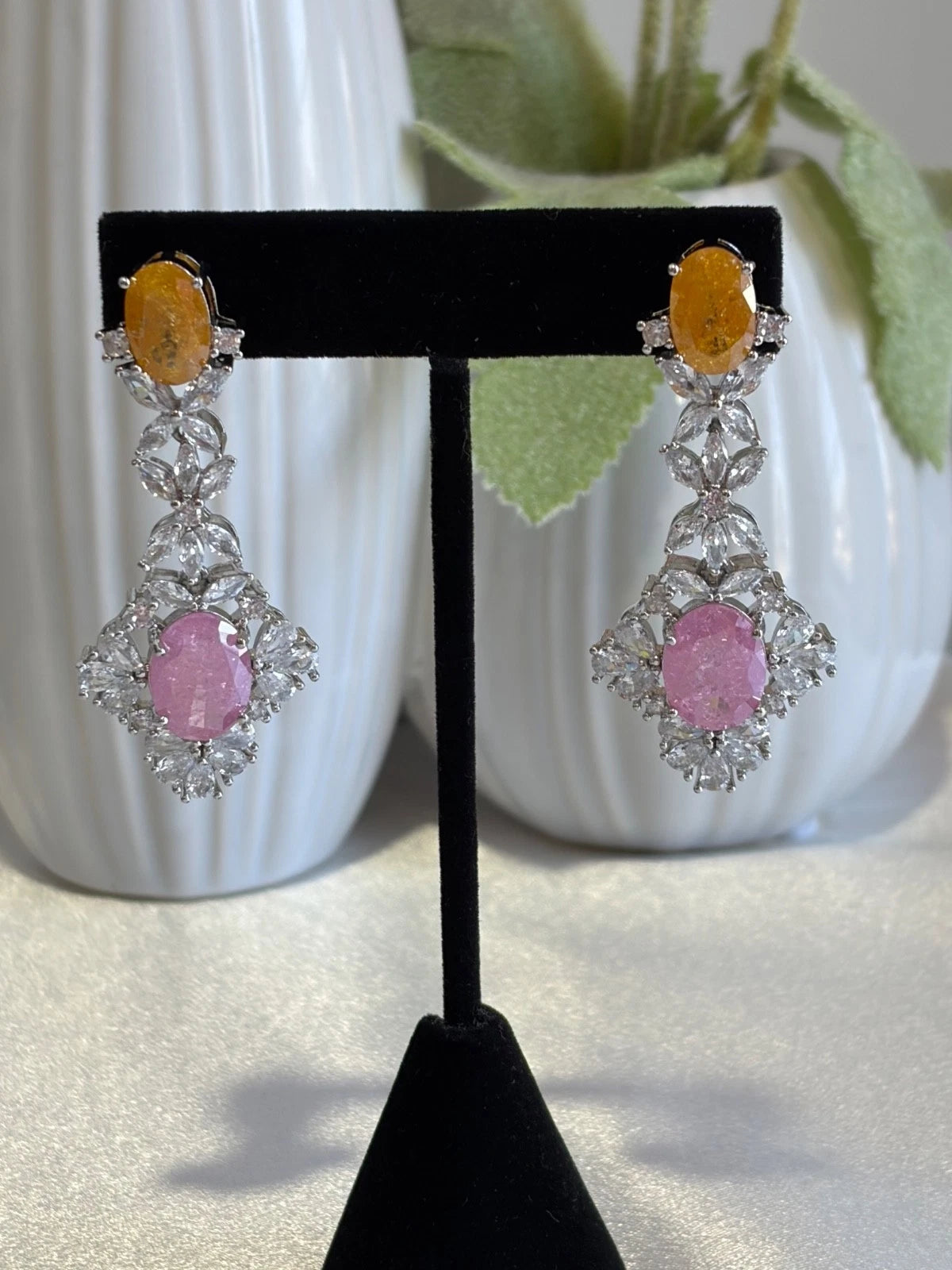 Yellow Pink CZ Silver Tone Drop Earrings Pakistani Indian Statement Jewelry