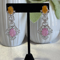 Yellow Pink CZ Silver Tone Drop Earrings Pakistani Indian Statement Jewelry
