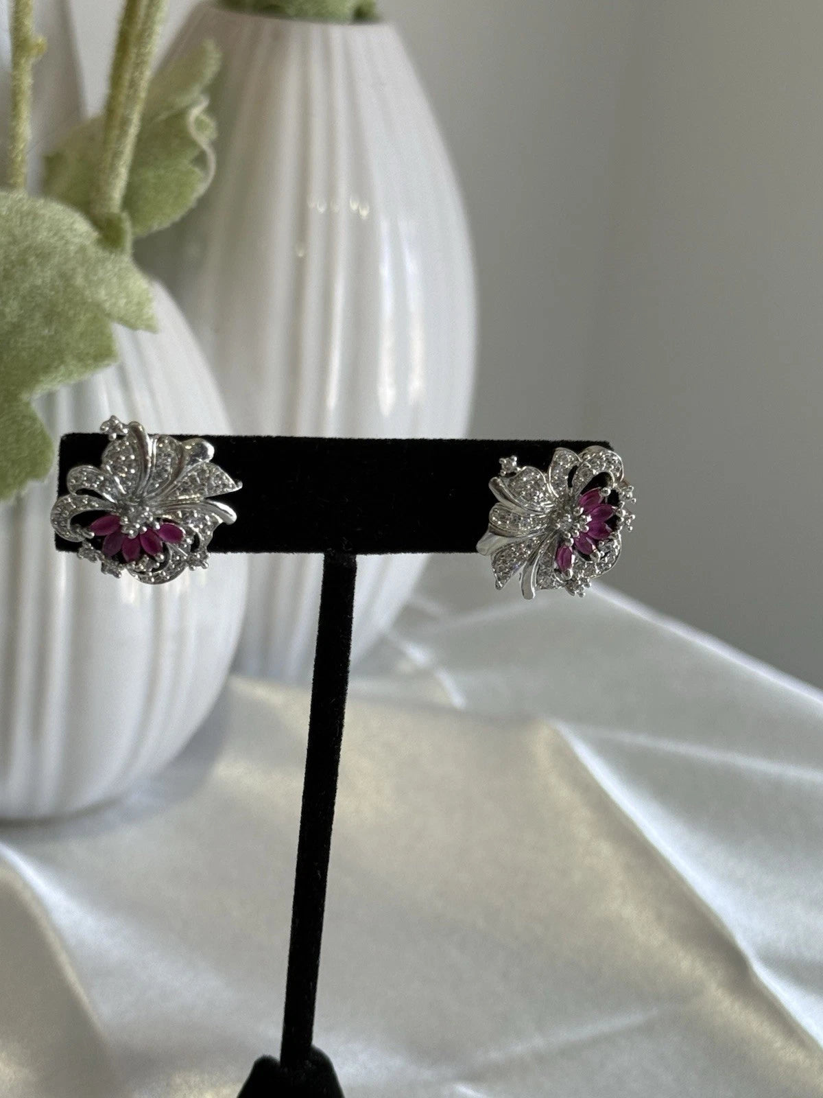 Magenta Pink & Black CZ Floral Stud Earrings Silver Tone Party Jewelry