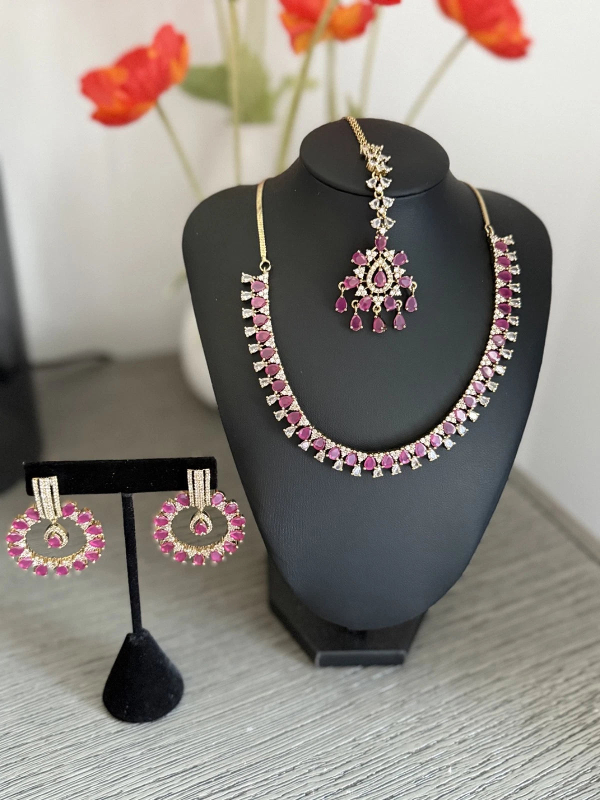 Pink CZ Gold Tone Necklace Earrings Tikka Set Indian Pakistani Bridal Jewelry