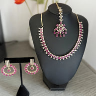 Pink CZ Gold Tone Necklace Earrings Tikka Set Indian Pakistani Bridal Jewelry