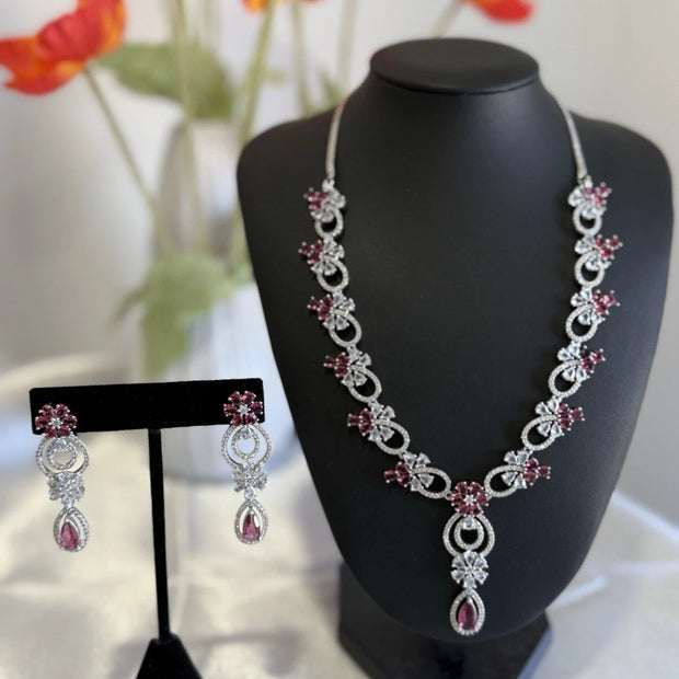Pink Crystal CZ Necklace & Earrings Set Silver Tone Wedding Jewelry